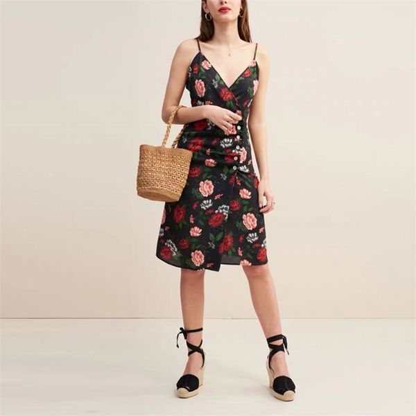 

women casual summer dress flower print decorative buttons slim harness vestidos 210430, Black;gray