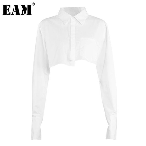 

women's blouses & shirts [eam] women white burr irregular short blouse lapel long sleeve loose fit shirt fashion tide spring autumn 202