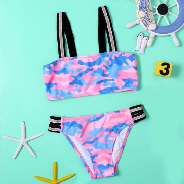 

one-pieces kids teen girls swimwear camouflage straps swimsuit two piece bikini summer outfits set children swimming beachwear 9-16years, Black