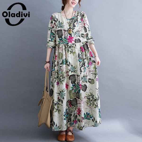 

casual dresses oladivi 2021 spring autumn long sleeve dress women oversized fashion print loose maxi robe vestidio 9027, Black;gray