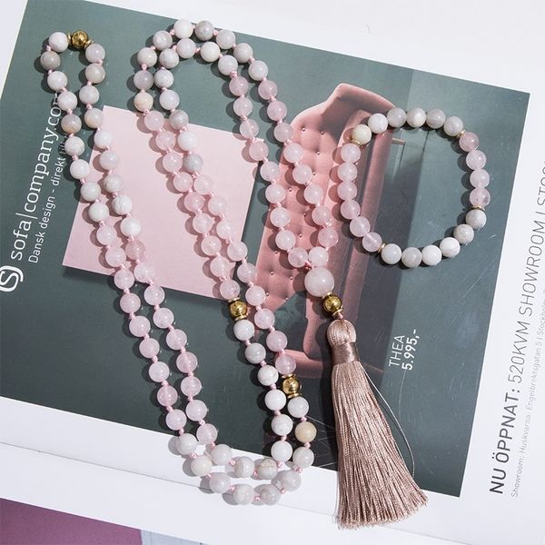 

8mm rose quartz white crazy agate gold beads knotted 108 japamala necklace meditation yoga blessing jewelry tibetan rosary set, Silver
