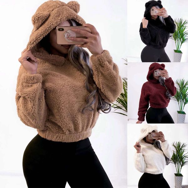 

women's autumn long sleeve solid plush short hooded sweater, Black