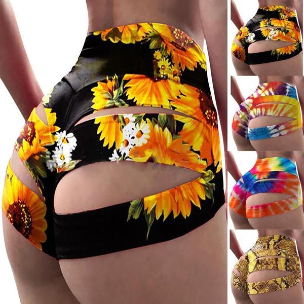 

women's casual print hole skinny buttocks lifting fitness sports yoga shorts high waist stretch breathable outfit