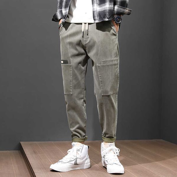Coreano estilo moda casual homens jeans solto encaixe grande bolso cargo calças luz verde streetwear Hip hop largamente perna harem calças
