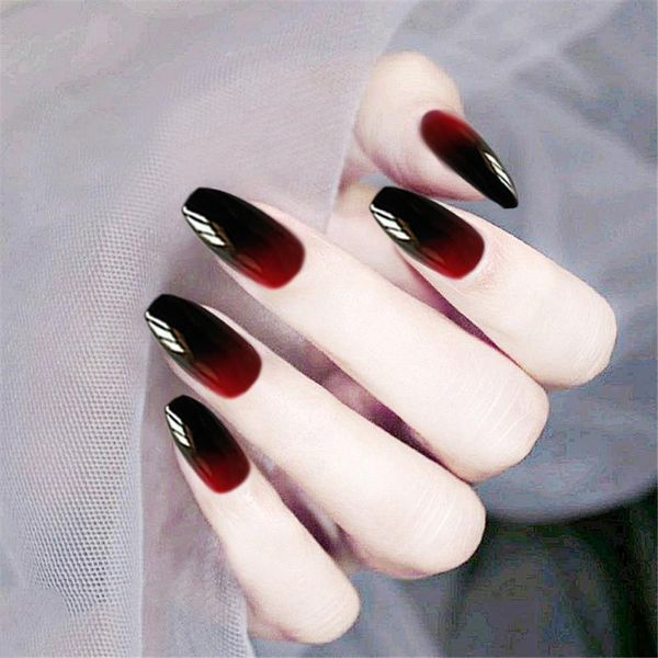 

false nails 24pcs/set black-red gradient fake european long coffin ballerina artificial nail art tips with press glue, Red;gold