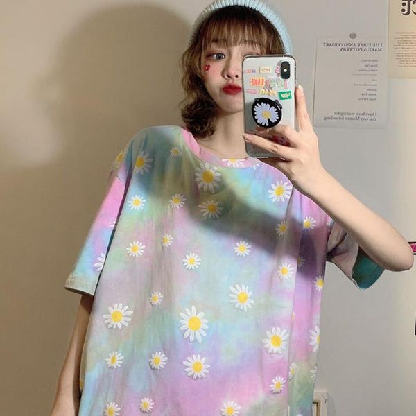

women's t-shirt 2021daisy tie-dye short-sleeved women korean harajuku loose y2k japanese preppy style mujer clothes, White