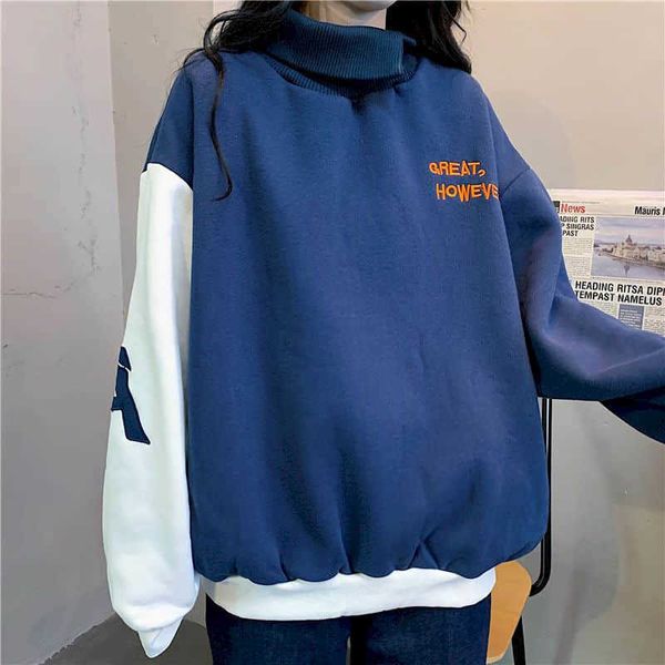 

sweatshirt casual stitching long-sleeved men women's sweatshirt korean simple niche design sense plus velvet hoodies all-match 210526, Black