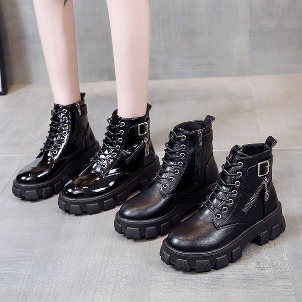 

boots autumn/winter motorcycle women's platform casual woman retro students pu leather black lace-up shoe