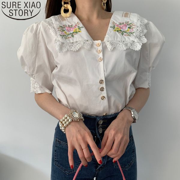 Vintgae Mulheres Camisa Coreana Roupas Chique Bordado Floral Bordado Grande Collar Colar Lace Tops Casual Buff Sleeve BLUSAS 13666 210417