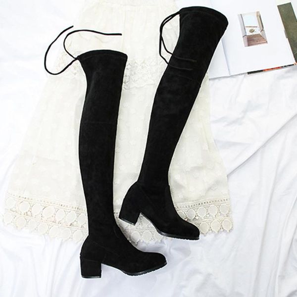 

boots western cowboy pointed toe tall thin leather long knight thick heel women over the knee, Black