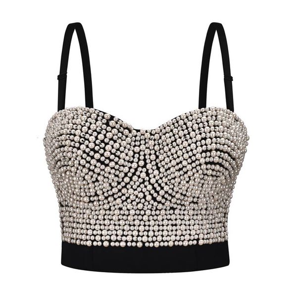 

costumes 2021 hand nailed pearl open navel suspender vest super short bra, Black