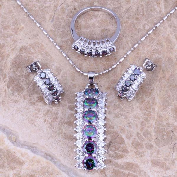 

earrings & necklace astonishing rainbow mystic white cz silver plated jewelry sets pendant ring size 6 / 7 8 9 10 11 /12 s0543