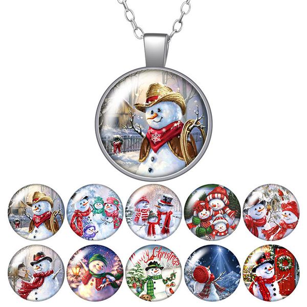 

merry christmas snowman family round pendant necklace 25mm glass cabochon silver color jewelry women party birthday gift 50cm