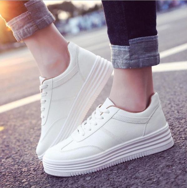 

dress shoes fashion white split leather women chunky sneakers lace up tenis feminino zapatos de mujer platform casual shoe, Black