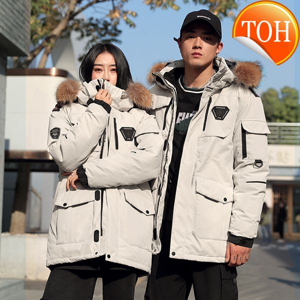

real down jacket men fashion fur collar hodded young workwear puffer thicken warm outdoor winter white duck coats, Black