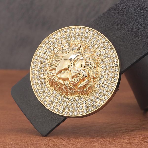

belts golden lion slide buckle besigner men genuine leather fashion 3.8cm wide casual waistband, Black;brown