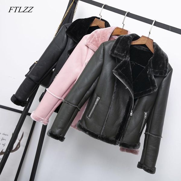 

women's leather & faux ftlzz women shearling sheepskin coats winter thick warm pu lamb jacket black motorcycle female overcoat