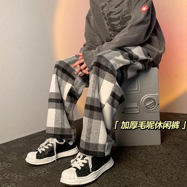 

men's pants winter thick woolen men warm fashion plaid casual streetwear loose hip-hop wide-leg mens straight trousers, Black