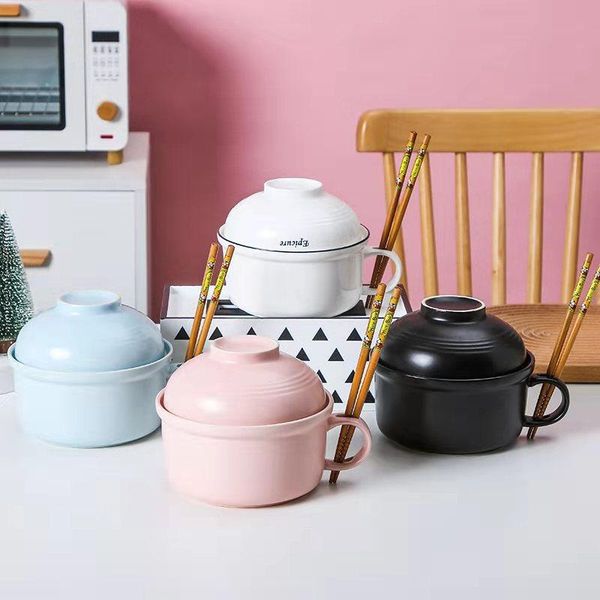 

japanese style large-capacity ceramic instant noodle bowl cup with handle and lid large student dormitory rice tableware flatware sets