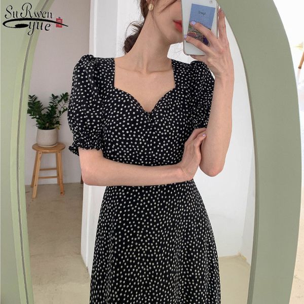 

women dress korean fashion clothes vintage square collar lace up vestidos slim fit print lantern sleeve dresses 14032 210427, Black;gray