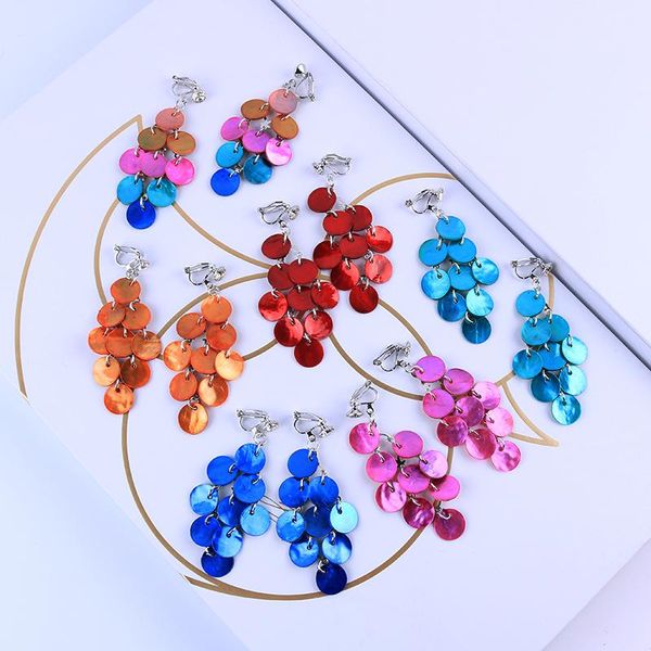 

clip-on & screw back vintage multi-layer natural shell disc colorful clip on earrings for women beach party without piercing ear clips summe, Silver