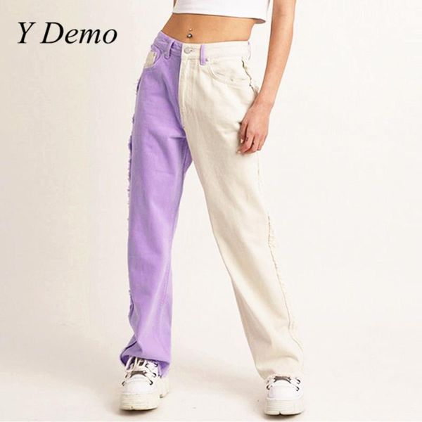 

women's jeans y demo streetwear harajuku casual straight pants women high waist color patchwork grunge, Blue