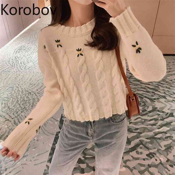 

korobov new arrival long sleeve women pullovers sweaters flower embroidery o neck jumper femme crop sueter mujer 210430, White;black