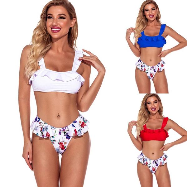 

summer women bikini set push up monokini swimsuit ruffle print high waisted bathing suit two piece swimwear beachwear two-piece suits