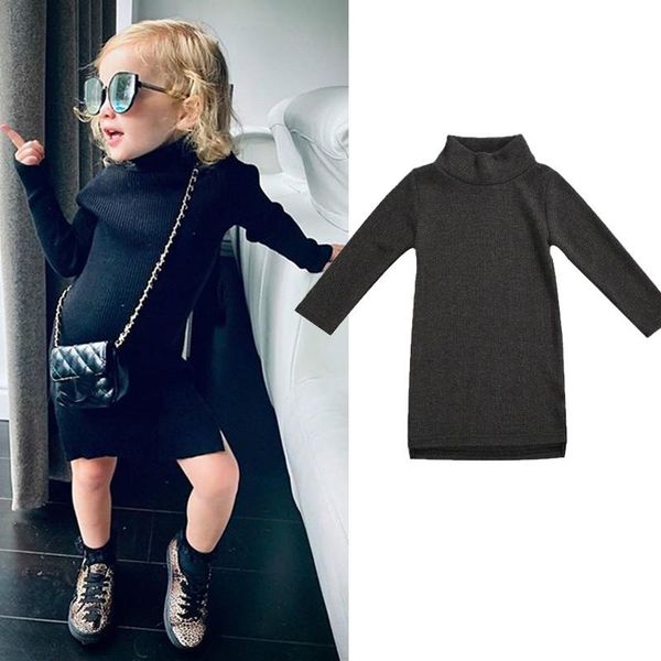 

fashion baby girls sweater dress solid long sleeve pullover turtleneck knee length straight knit clothing sets, White