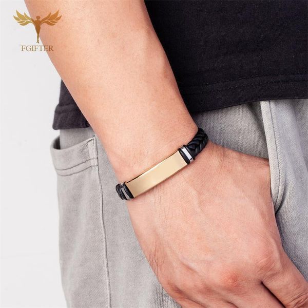 

bangle fashion black leather strap braided bracelet gold stainless steel accessory charm male wristband jewelry