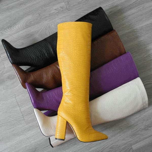 

boots faux leather pointed toe knee women fashion chunky heel lazy shoes woman high long purple beige knee-high, Black
