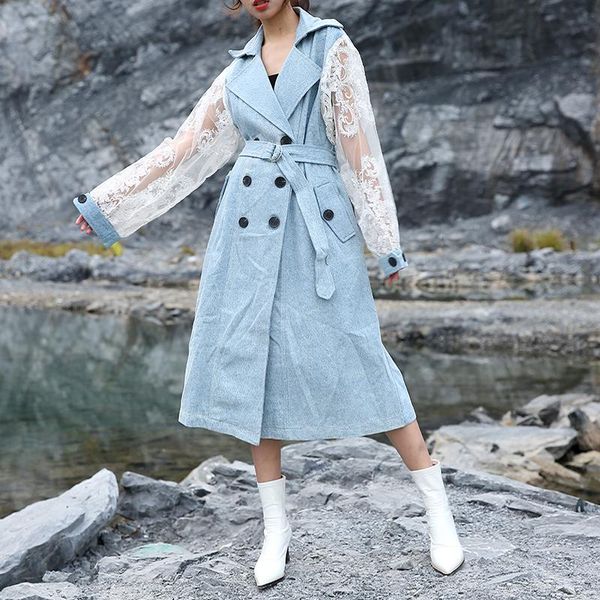 

denim lace women blue long trench lapel sleeve loose fit windbreaker fashion tide spring autumn 2021 1b01806 women's coats, Tan;black