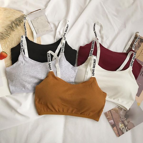 

bras girls cotton brassiere comfortable soft stretch bra with chest pad fashion letters printing shoulder straps solid color bralette, Red;black
