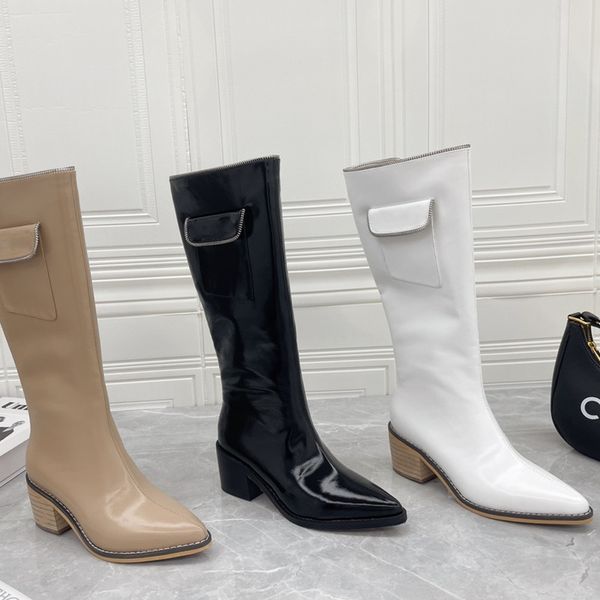 

women fashion boots 2021 autumn and winter ladies long-boots famous luxury designer high-quality leather mid-heels soft pointed toes zipper, Black