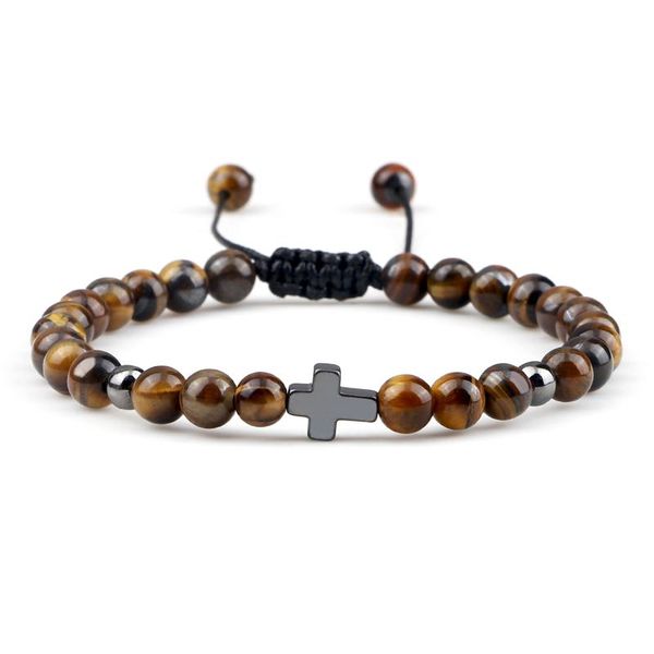 

beaded, strands men cross bead bracelets 6mm natural tiger eye stone beaded bracelet handmade braided jewelry for women yoga ba, Black