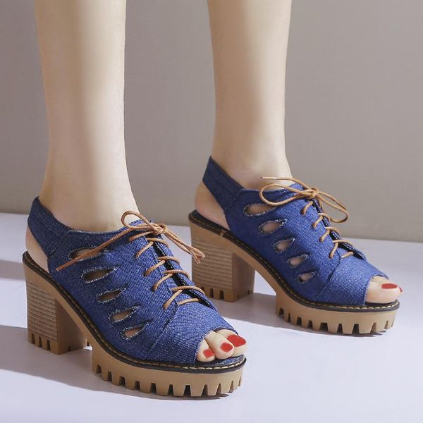 

aiweiyi brand designer platform sandals women blue denim lace up summer large size 34-43 high heels shoes woman, Black