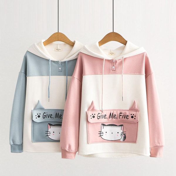

women's hoodies & sweatshirts kawaii clothing cat fleece thermal warm sweatshirt ulzzang preppy style long sleeve pullover for teens, Black