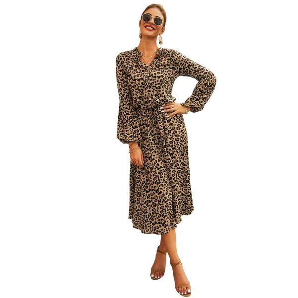 

leopard women's autumn spring long dresses 2021 loose high waist female wrap dress sleeve with buttons casual vestidos, Black;gray