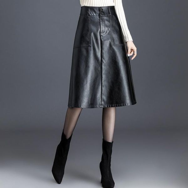 

skirts skirt girl women pu female autumn winter 2021 significant lanky waist long section a-line big package hip yards, Black