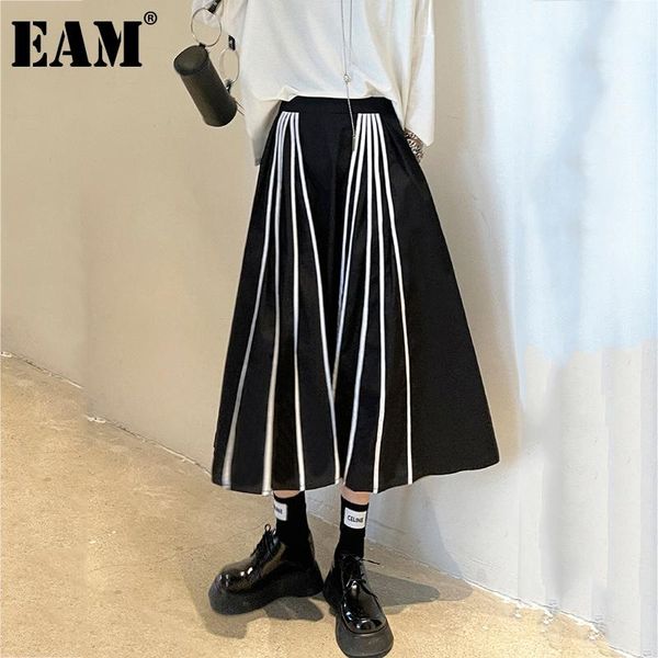 

skirts [eam] high elastic waist black pleated striped a-line half-body casual skirt women fashion tide spring autumn 2021 1dd7575