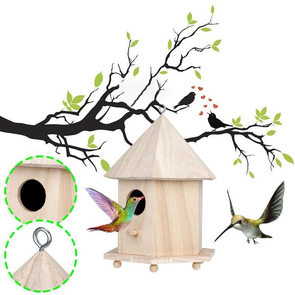 

1pcs wooden bird house nesting box hanging nests home garden decoration for yard hexagon shaped ornament cages