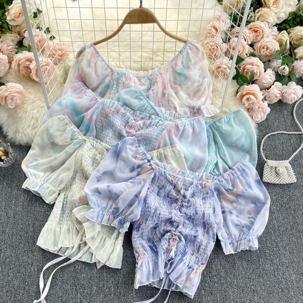 

blouses women tie dye print blouse korean sweet sleeve slim ruffles summer design drawstring ruched short blouses, White