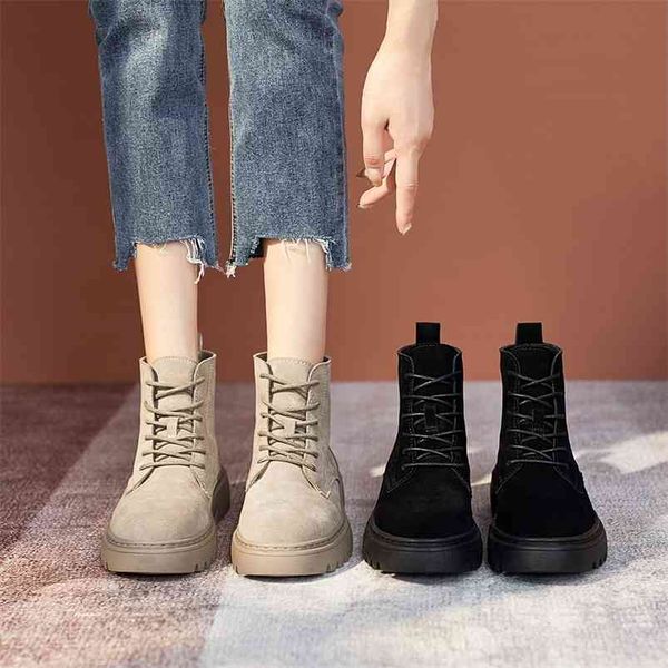 

bimuduiyu ankle boots suede leather women flat platform short booties fashion genuine leather female autumn winter boots 210914, Black