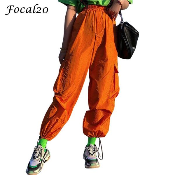 

women's pants & capris focal20 streetwear orange women cargo elastic waist ribbon pockets casual loose full length sporting trousers, Black;white