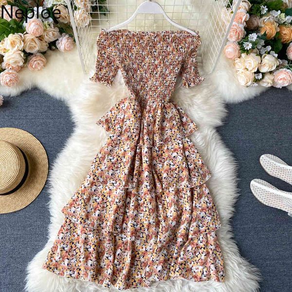 

neploe seaside holiday dress ins women new fashion off-shoulder short sleeve dresses stretch slim ruffles floral summer vestidos 210423, Black;gray