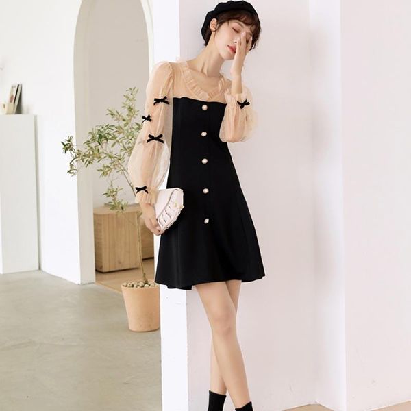 

casual dresses one-piece 2021 korean style chic autumn winter dress french vintage elegant mesh stitching v-neck black, Black;gray
