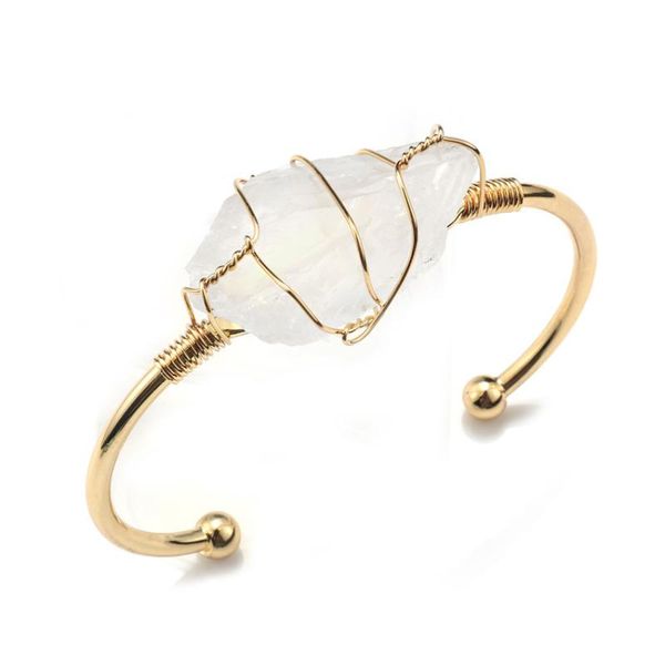 

light yellow gold color wire wrap irregular shape rock crystal open bangle tourmaline stone jewelry, Black