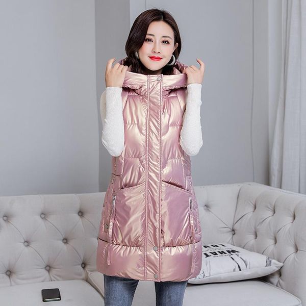 

women's vests women autumn winter mid-long waistcoat vest 2021 casual solid sleeveless hooded thick warm padded coat for female abrigo, Black;white