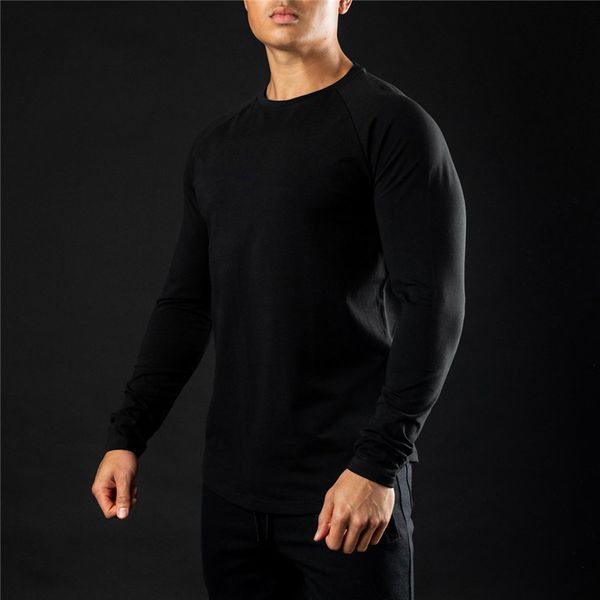 

brand clothing casual long sleeve cotton t-shirt men gym fitness bodybuilding workout skinny t shirt male solid sports tee 210421, White;black