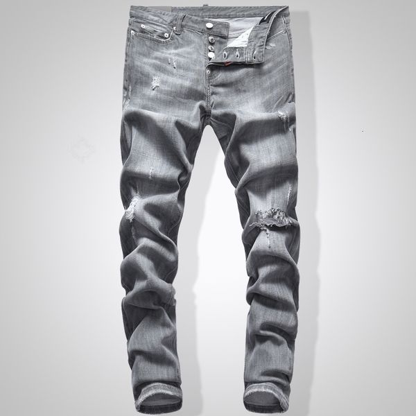 

grey men slim fit denim solid color hip hop streetwear biker jeans men's long pants, Blue